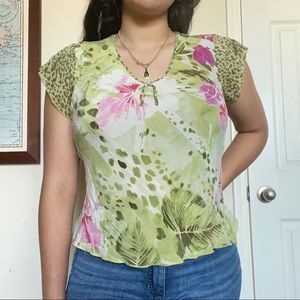 Green and Pink floral blouse